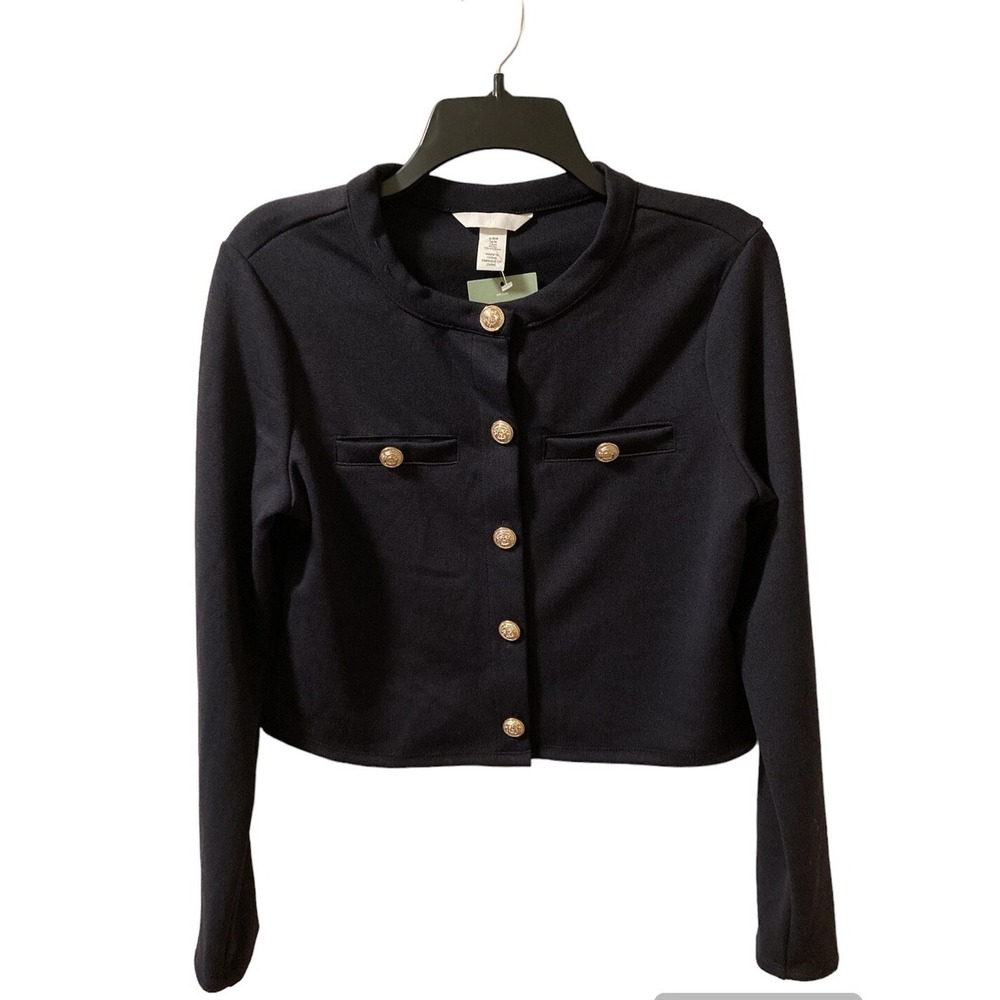 H&M Cropped Blazer Navy Jersey Knit Gold Buttons Sz M NWT